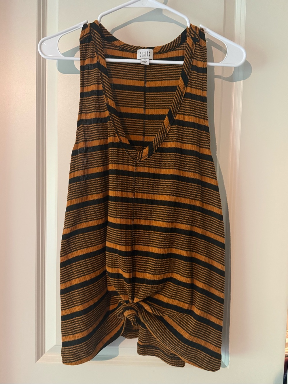 Knot-Front Ribbed Tank Top - Black & Mustard